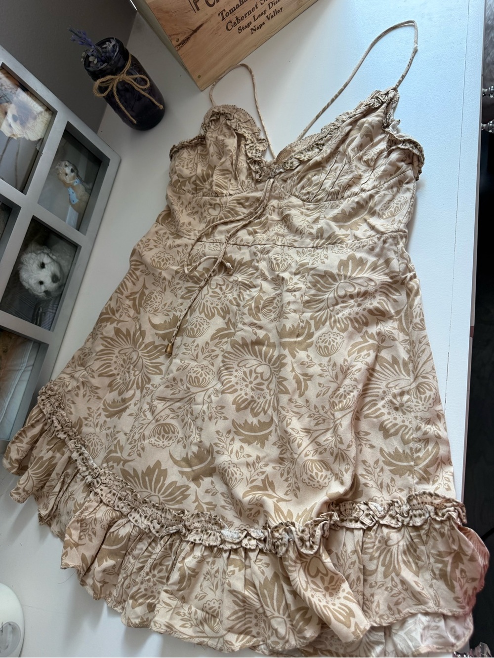 Angel Biba Beige Floral-Accent Slip mini Dress